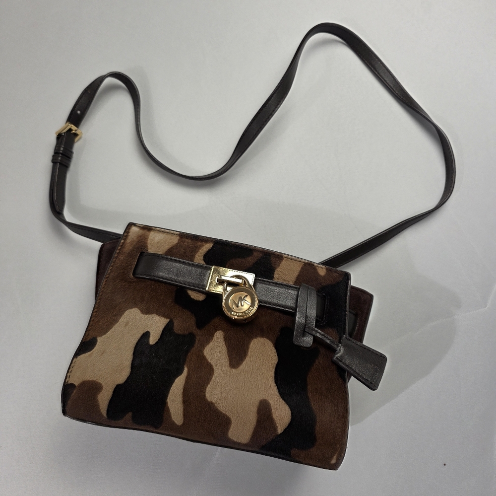 Michael Kors Hamilton Traveler Small Calf Hair Printed Camo Crossbody Bag Purse
